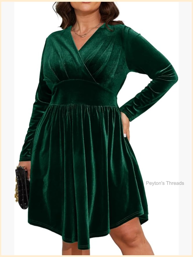 Plus Size V Neck Velvet Long Sleeve Wrap Empire Waist Midi Dress